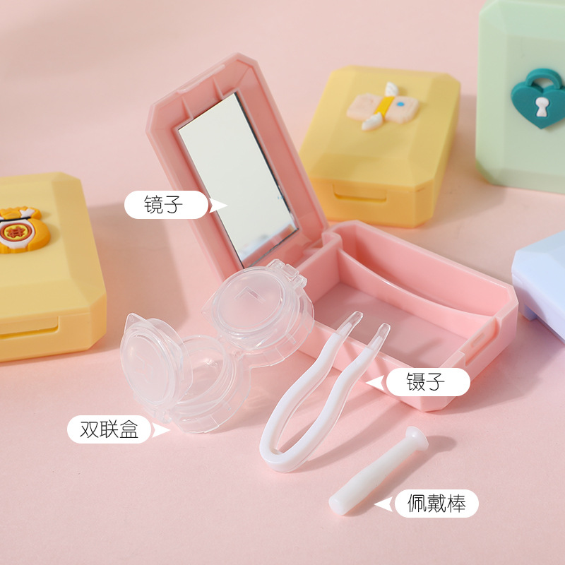 Cartoon contact lens case cute girl small portable eye contact care storage box with mirror glasses couple box