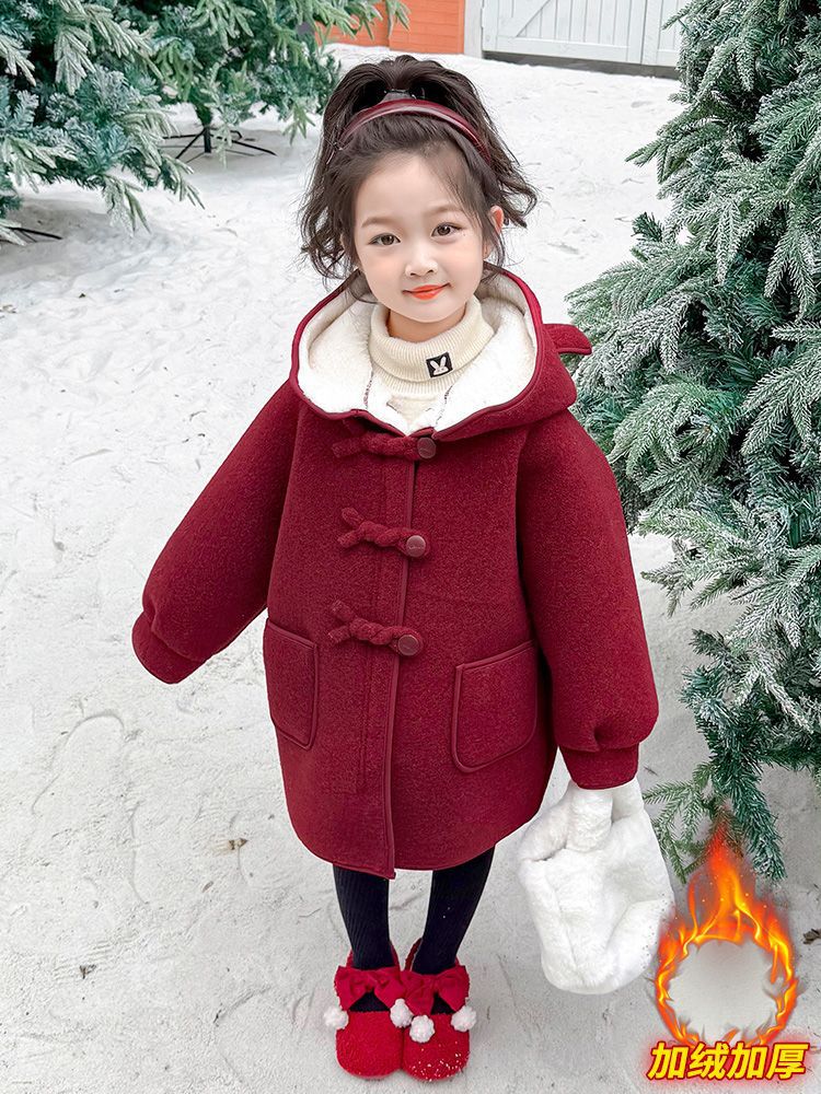 Girls' Woolen Outwear Autumn and Winter 2025 New Kidsren's New Year's Clothing Baby Fleece-Lined Red Woolen Outwear Mid-Length