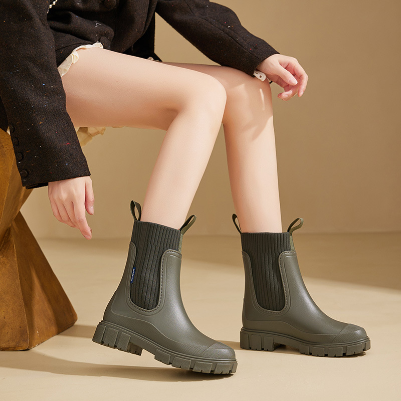 Women's elastic band rain boots mid-tube rain boots wear-resistant increased waterproof non-slip rain outdoor can wear mid-tube boots cross-border
