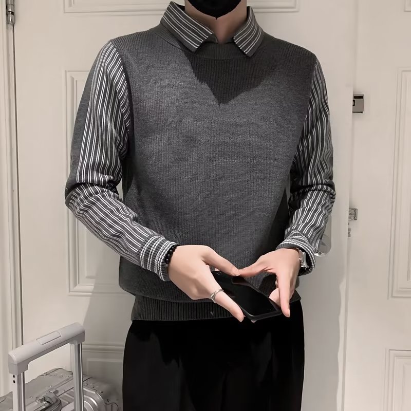 2024 fleece-lined thickened fake two-piece striped lapel sweater men's autumn and winter fashion brand advanced slim sweater sweater sweater