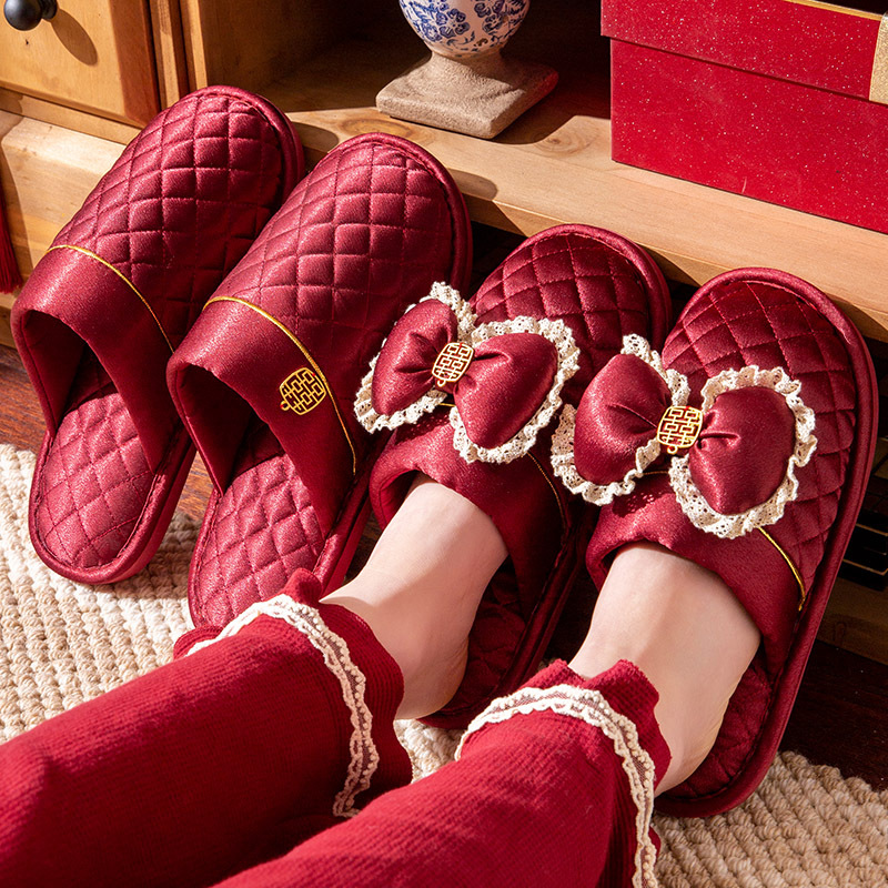 Красные тапочки для свадьбы, осень и зима, для невесты и жениха, свадебные, с закрытым носком, нескользящие