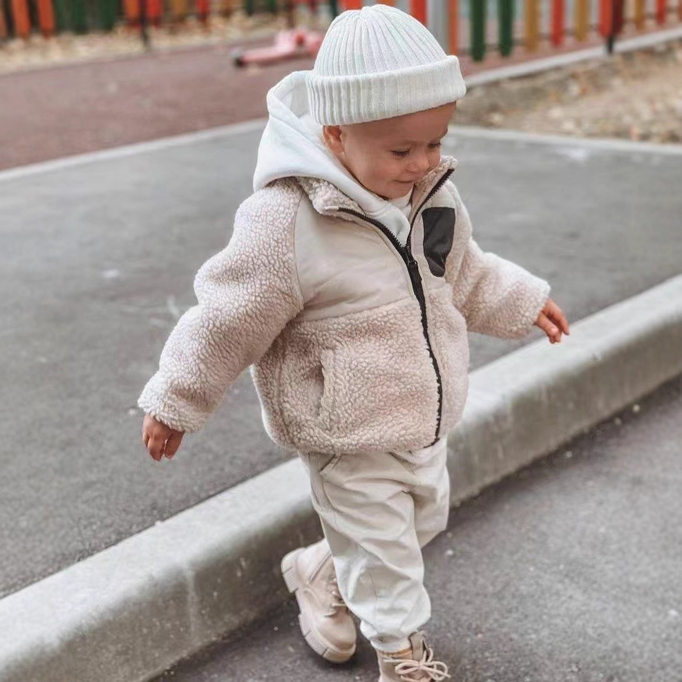 Children's Wear Children's Winter Cotton Clothes Loose Stitching Lamb Wool Fleece-Lined Sweater Thickened Warm Jacket for Baby Boys and Girls