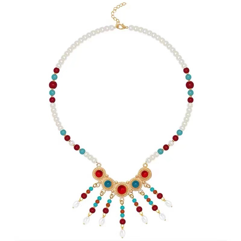 New Chinese-style Horse-faced Skirt Pearl Wreath Necklace Chinese-style Hanfu Long Necklace Accessories Ming-made Longlife Lock Pendant