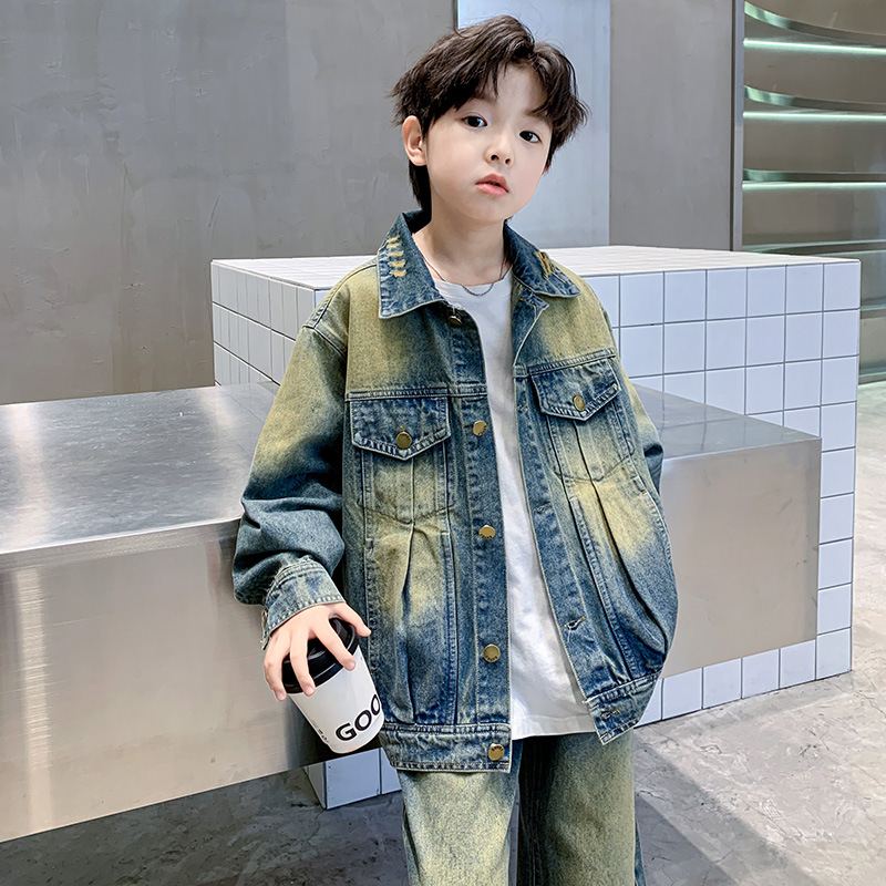 2025 новая весенне-осенняя европейская и американская мода ретро стильный джинсовый костюм для больших детей двухпредметный комплект