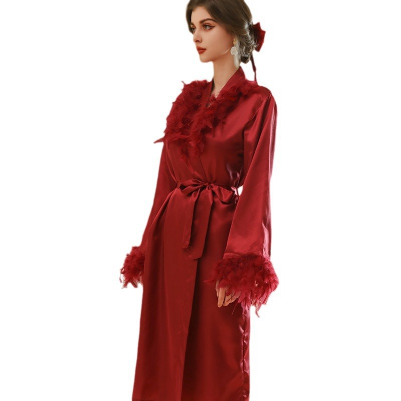 bride fur collar morning gown women's feather long nightgown wedding makeup bridesmaid group wedding kimono satin bathrobe