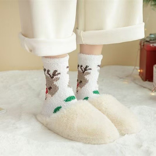 Autumn and Winter Thickeneded Coral Velvet Socks, Warm Half Velvet Socks, Towel Socks, Home Cartoon Sleep Socks, Thickeneded Christmas Socks