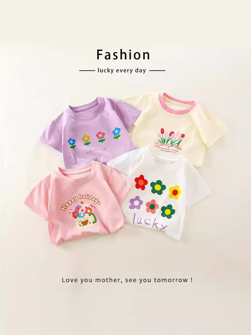 Children's Short-Sleeved Pure Cotton Summer New Style 25 Baby Girl Short-Sleeved T-Shirt Cartoon Girl Short-Sleeved Sweet Single Top Kidsren's Clothing