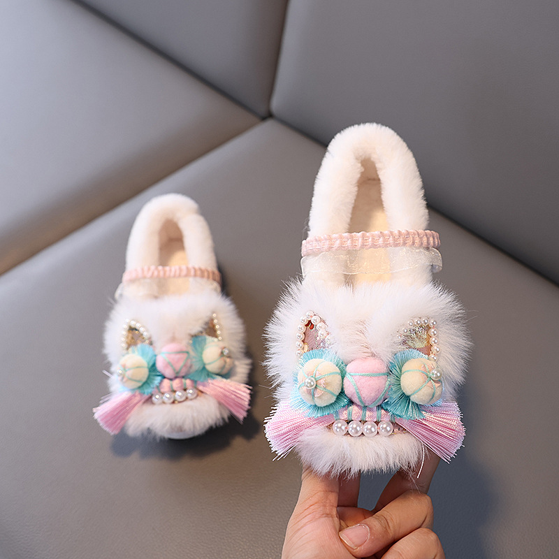 Winter Girls Hanfu Shoes fleece-lined Cotton Shoes Embroidered Chinese-style Horse-top Skirt Shoes Children's Handmade Tiger-head Shoes New Year Shoes