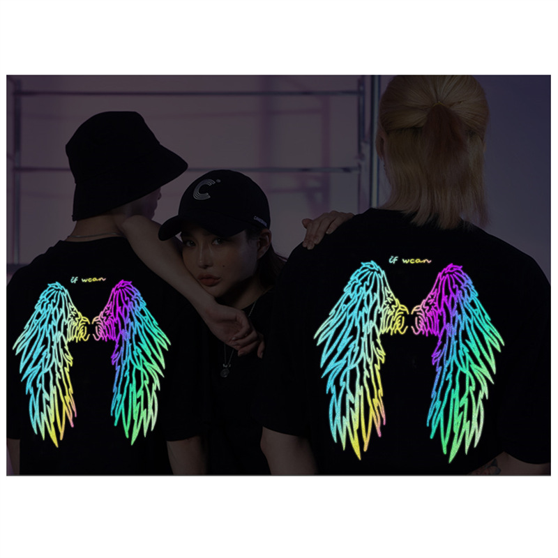 Laser Reflective Wings T-Shirt Summer New Ins Trendy Hot Stamping Angel Wings Loose Short-Sleeved Couple Wear Men's and Women's T-Shirts