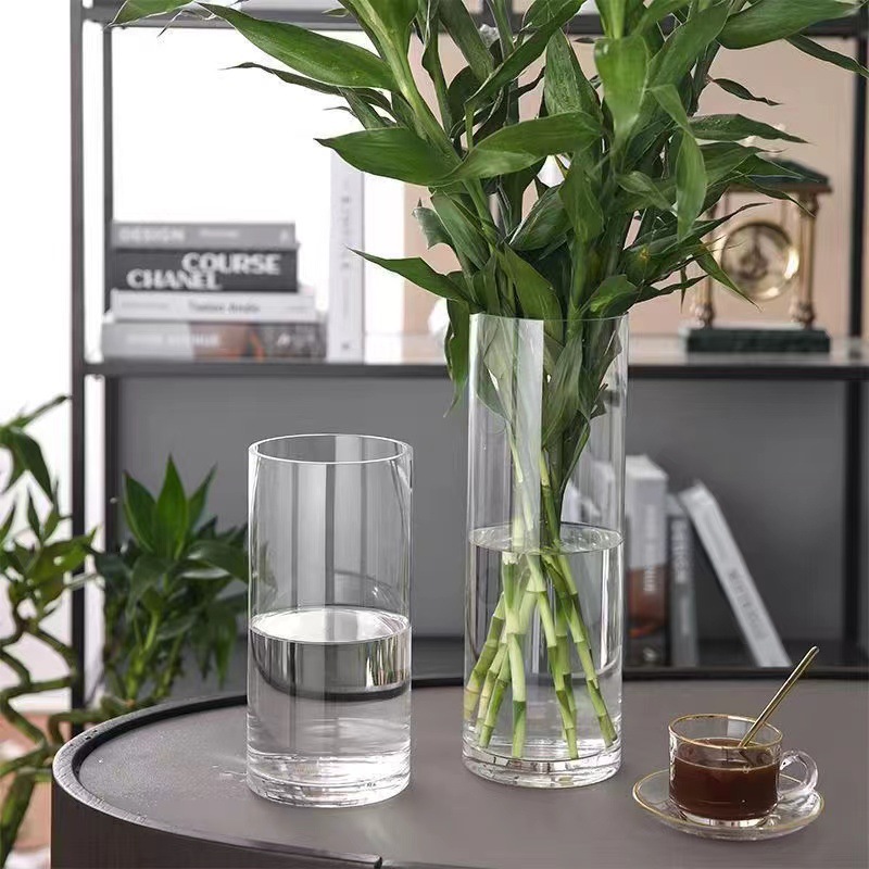 High Borosilicate Glass Vase Hydroponic Plant Bottle Transparent Floor-Standing Rich Bamboo Straight Round Flower Table Decoration