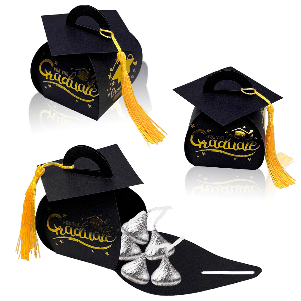 2025 Graduation Season Doctor's Hat Box Graduation Party Surprise Candy Packaging Box Creative Bronzing Tassel Box Hot Selling