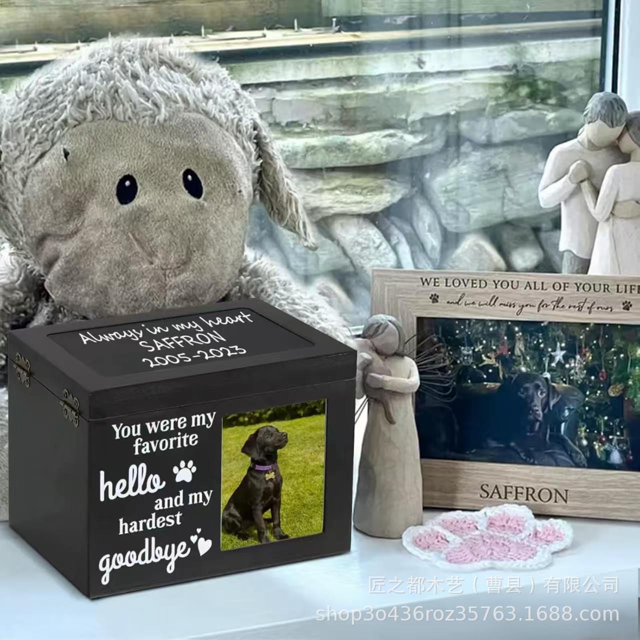 Cross-Border Wooden Pet Urn Wooden Cat and Dog Urn with Photo Frame Wooden Pet Memorial Urn