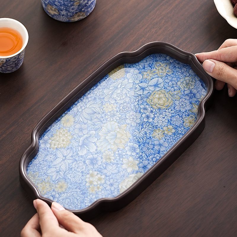Chinese Style Blue and White Tea Tray High Borosilicate Glass Heat-Resistant and Scalding Tray Pot Dry Bubble Tray Outdoor Travel Home Office