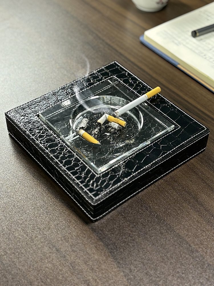 Пепельница из PU кожи, модная, креативная, большая, кристаллическая цилиндрическая стеклянная пепельница, подарок для дома, офиса, бизнеса, слот для сигарет