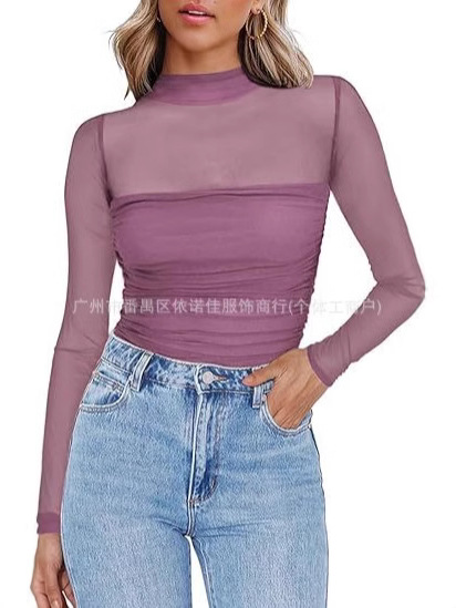 Cross-Border European and American Clothing Amazon New Pure Color Half Turtleneck Mesh Splicing Sexy T-Shirt Top