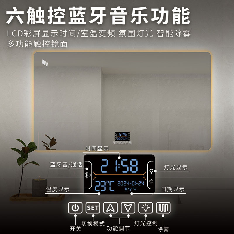 Square Sensor Smart Mirror Touch Screen Led Lighted Makeup Mirror Wall-Mounted Defogging Bathroom Mirror Restroom