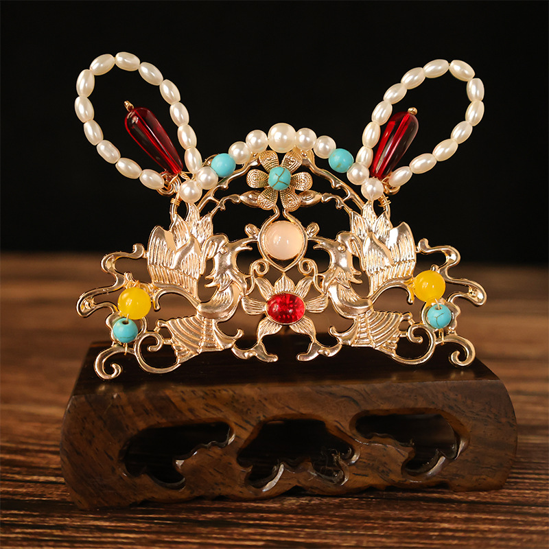 Hanfu Rabbit Hair Crown Antique Hair Accessories Hair Ball Hair Clip Red Tassel Hair Hairpin Pair Clip Accessories National Style New Year suit