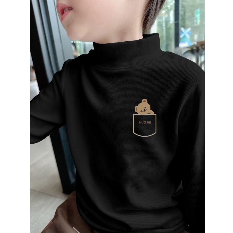 Y2556 # Children's Thermal Half-High Collar Base Shirt for Autumn and Winter, Boys' Long-Sleeve T-Shirt, Fleece-Lined Warm Top for Older Children.