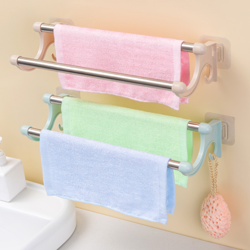 New Seamless Punch-Free Double-Pole Towel Rack Bathroom Kitchen Storage Rack Plastic Stainless Steel Towel Bar Hanger