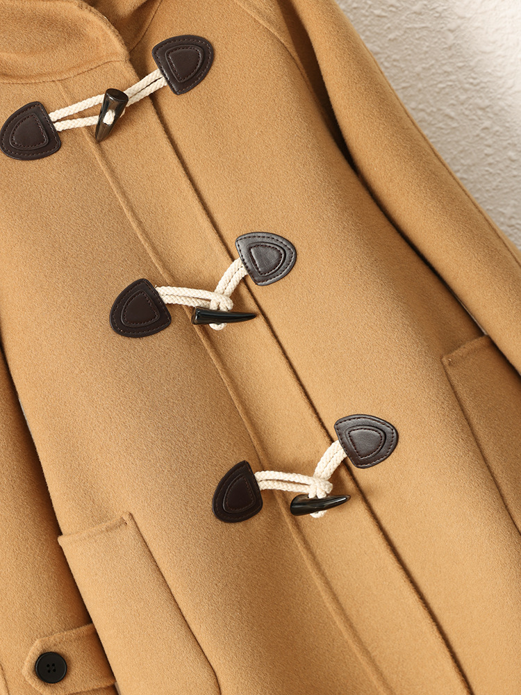 New Korean Style Kidsren's Double-Sided Horn-Button Woolen Outwear for Boys and Girls, Mid-Length Hooded Outwear