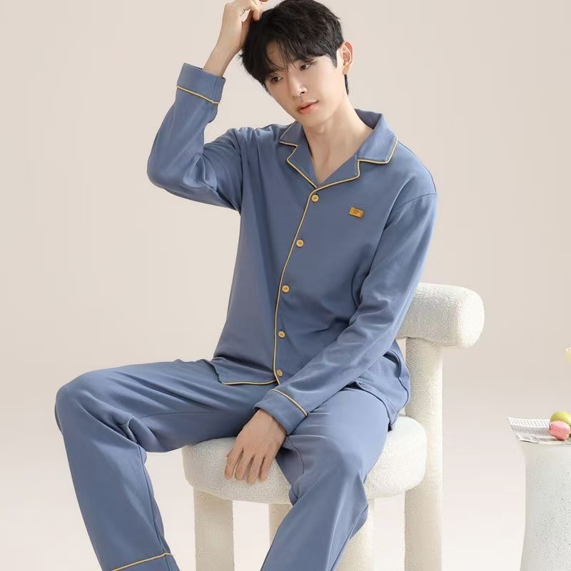 2025 Men's Pajamas Spring & Fall Long-Sleeved Pants Cardigan Loose Large Size Men's Casual Home Wear Summer