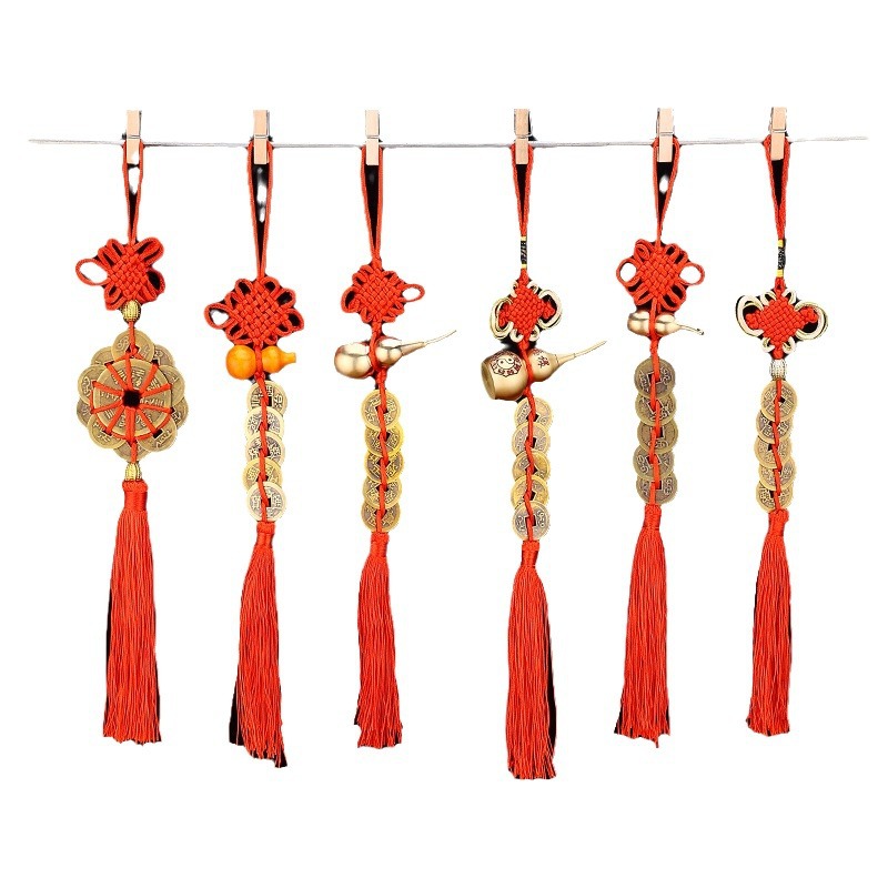 Factory wholesale five emperor money pure copper peach wood gourd pendant Chinese knot copper pendant car pendant travel supplies