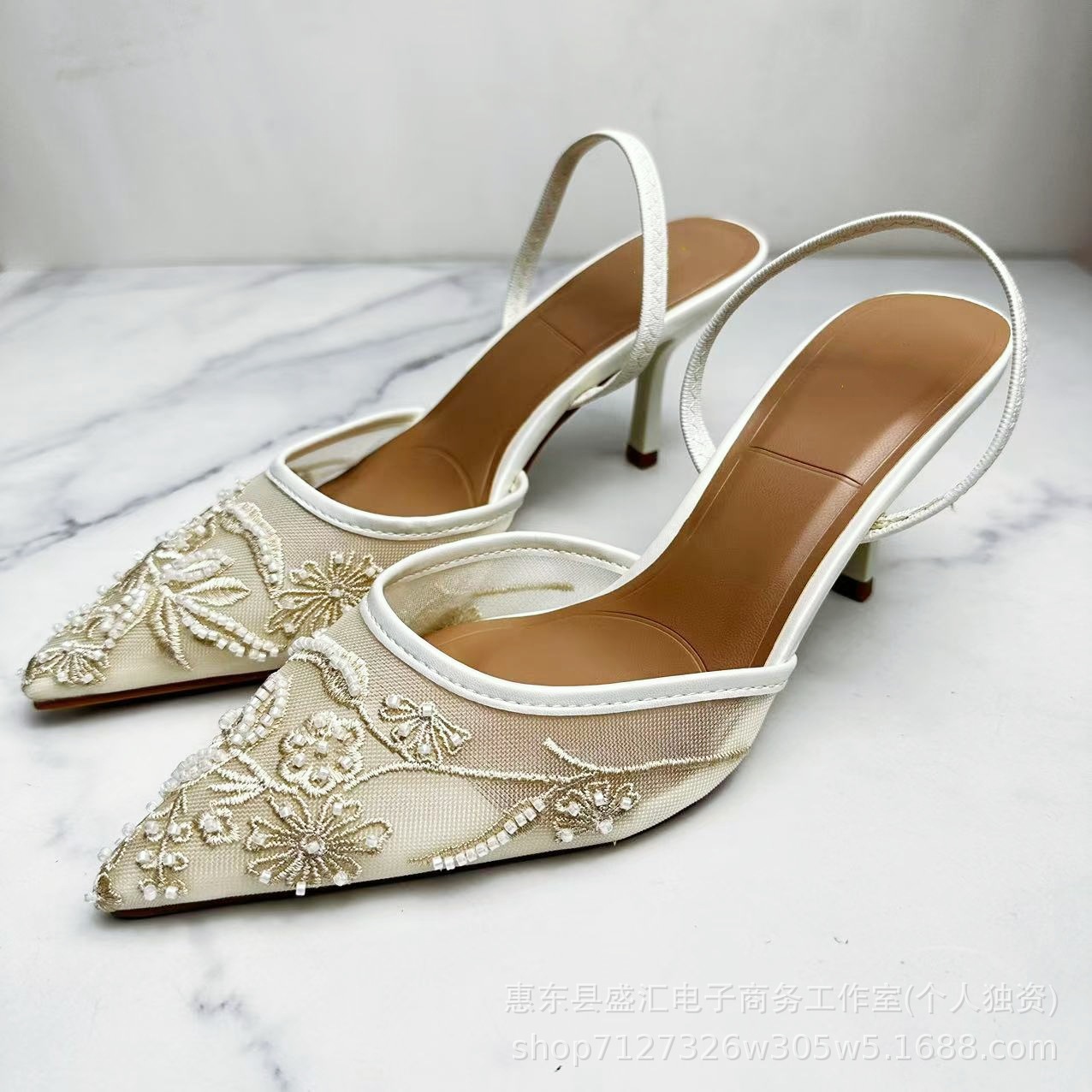 Spain ZA2024 Autumn New Muller Shoes White Embroidered Mesh Rear Trip Strap Thin Heeled High Heeled Dew Sandals
