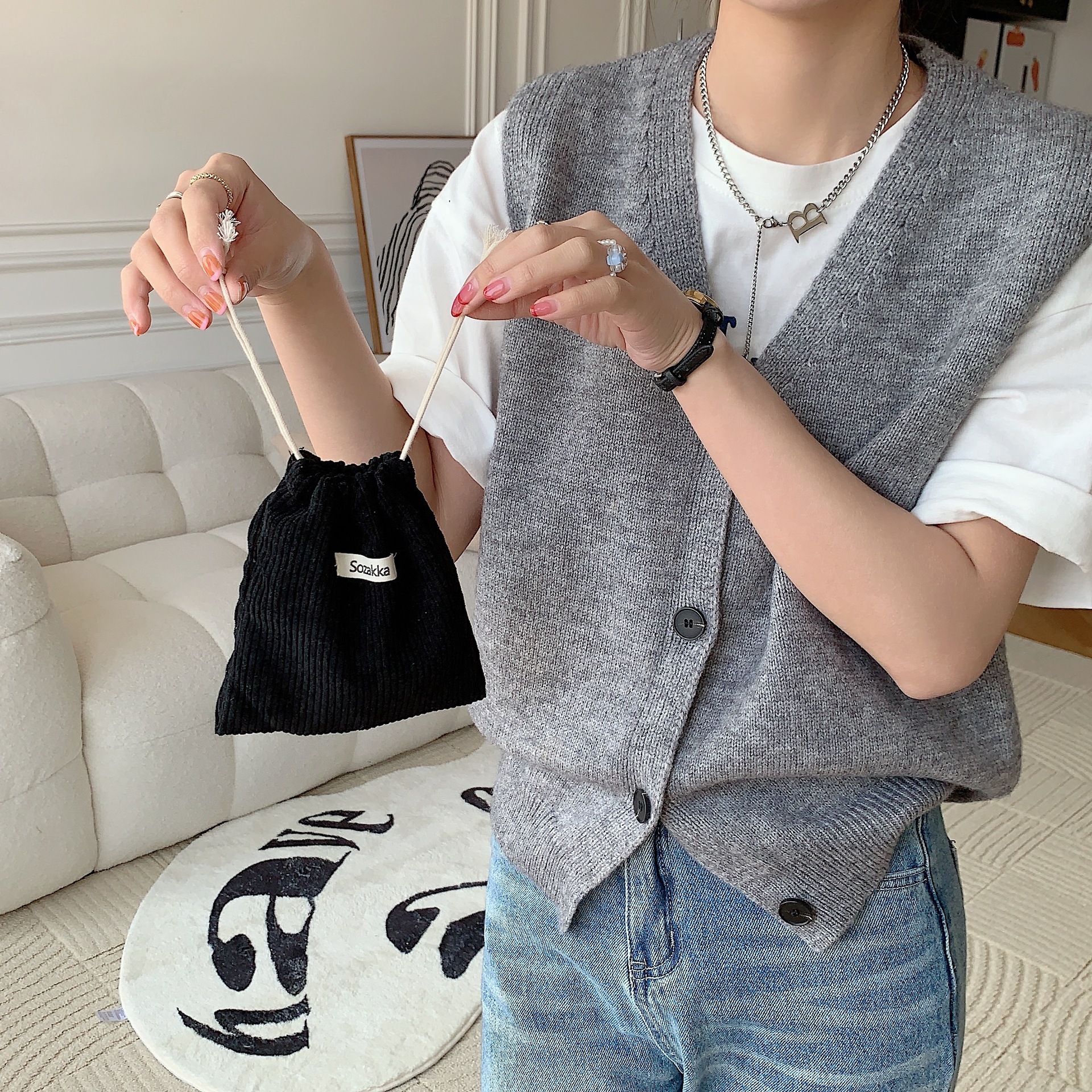 32133 Solid Color Corduroy Weaving Marks Storage Bag Drawstring Corset Cosmetic Bag Women's Portable Portable Large Capacity