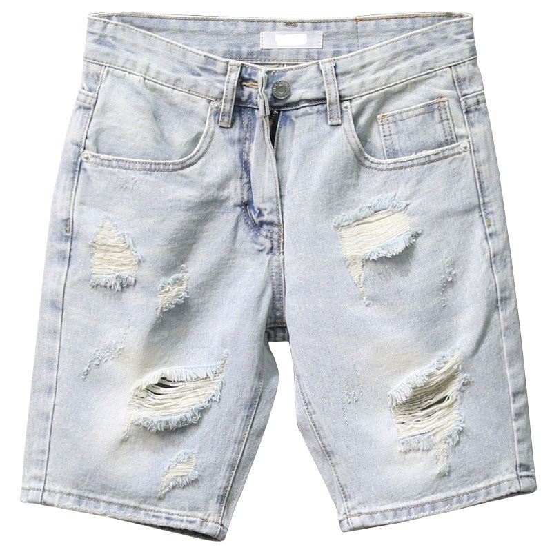 American Retro Denim Shorts Men's Summer Ripped Loose Trendy Brand Classy Light-Colored Large Size Outer Wear Mid-Length Pants