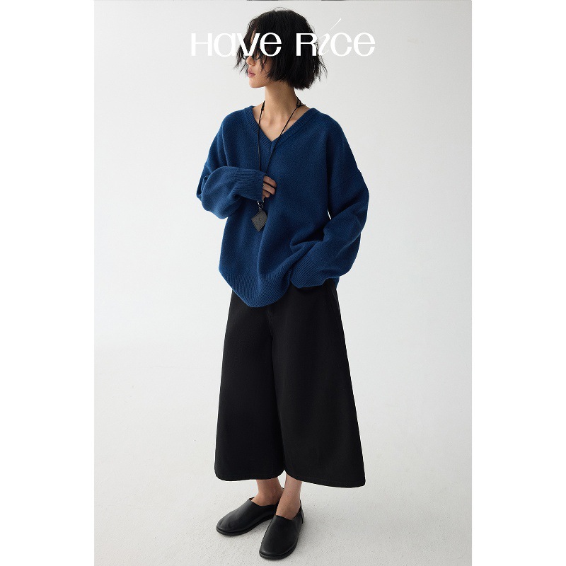 Haverice Restaurant Nishino Walk/Blues Moment Wool Classic V-Neck Round Neck Loose Knitted Sweater