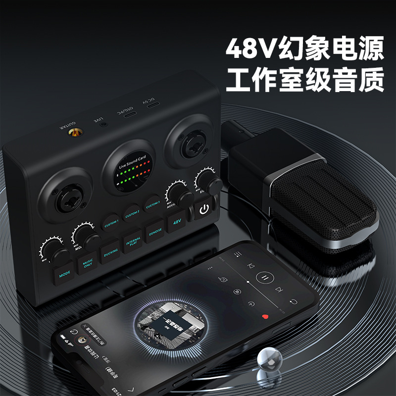 Dual-Mic Live Sound Card Singing Instrument Platform Universal Karaoke Recording Cross-Border English Sound Card Equipment Mobile Karaoke