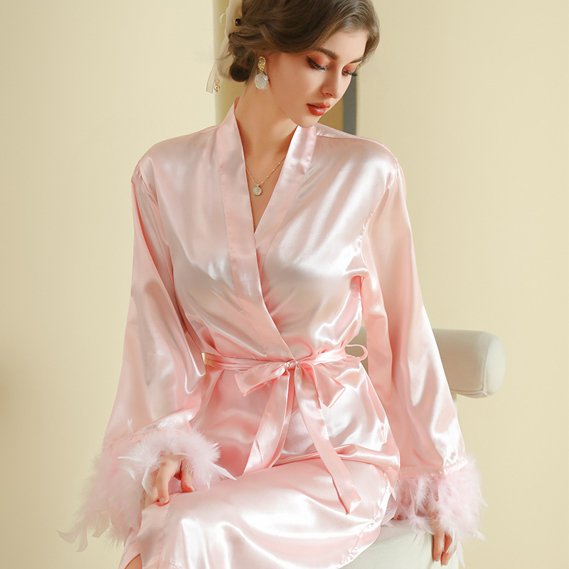 bride morning gown women's feather long nightgown wedding makeup bridesmaid group wedding kimono satin bathrobe