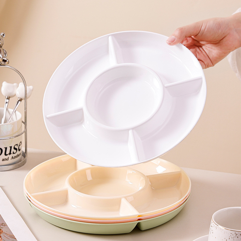 Пластиковая закусочная тарелка с пятью отделениями круглая для семечек орехов оптовая десертная тарелка