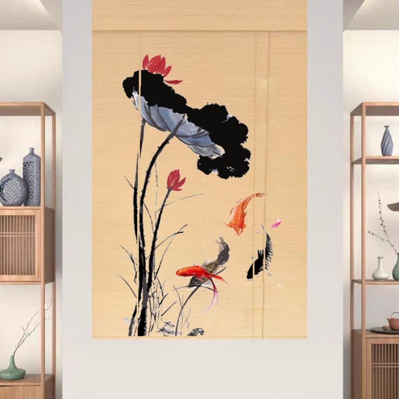 Chinese-Style Floral and Bird Bamboo Curtain for Tea Room and Living Room, Chinese-Style Partition Door Curtain, Printed Study Room Curtain