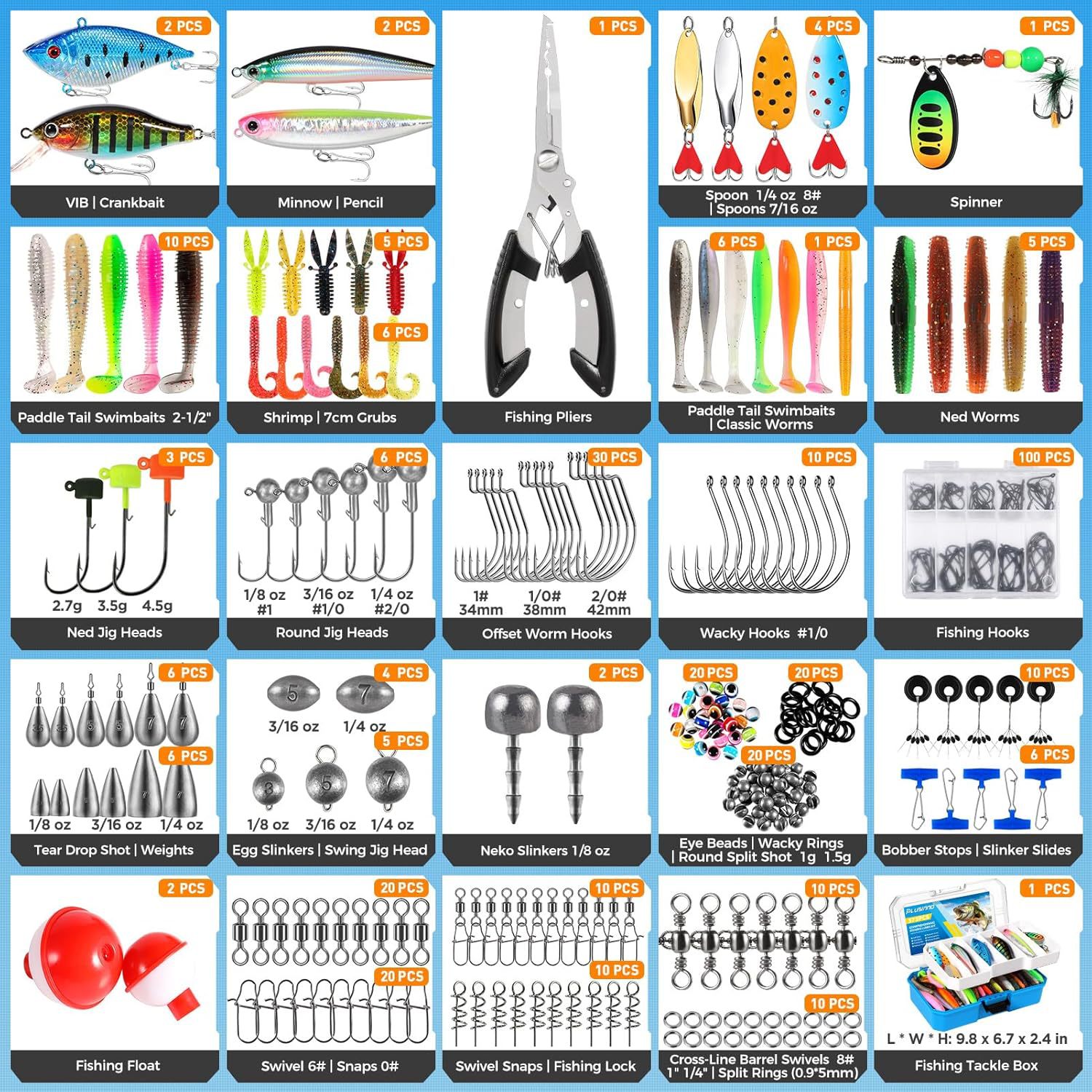 373 Pieces Fishing Lure Kit with Removable Tray Fishing Tackle Accessories with Pliers