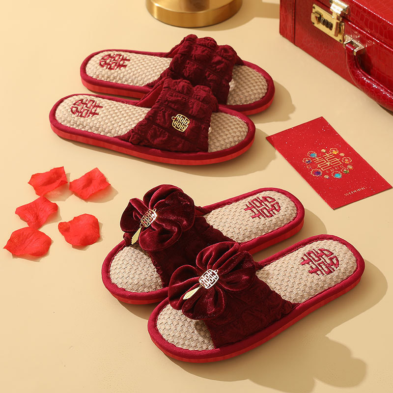 Linen Wedding Slippers Wedding Pair Red Festive Indoor Non-Slip Home Wedding Bride and Groom Dowry Slippers