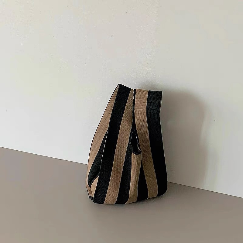 Large Capacity Small Bag Women's Striped Knitted Hand Tote Bag Outgoing Portable Storage Bag Vertical Strip Shoulder Bag
