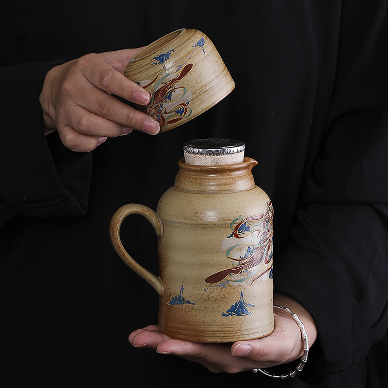 Wrapping Zhi Lian Small Warm Pot Chinese Vintage Ceramic Teapot One Pot One Cup with Tea Cup Portable Body-Rehealth Stew Teapot