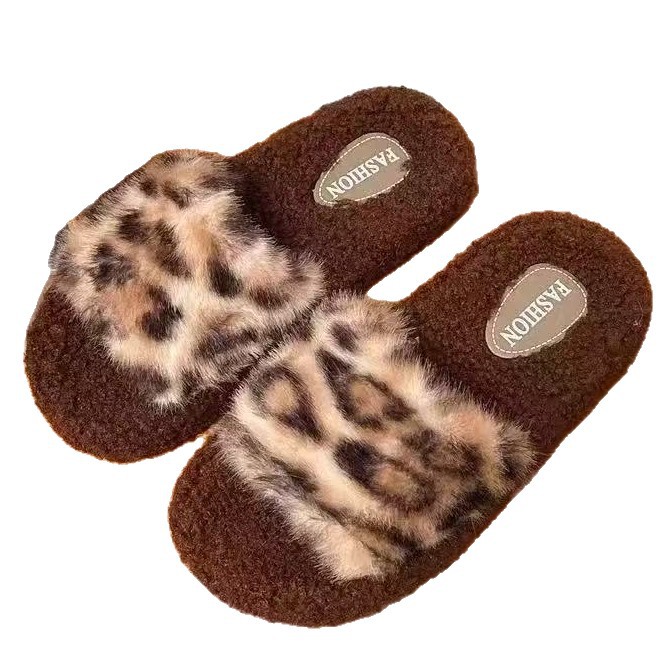 棉拖鞋女童可爱豹纹KT猫毛毛拖鞋女室内穿防滑厚底秋冬亲子毛拖鞋