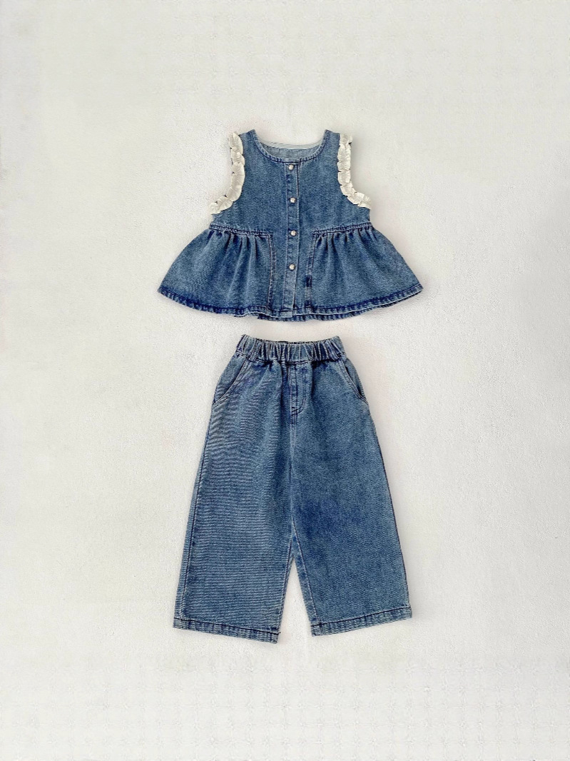 Children's Suit New Autum Korean Style Girls' Fashionable Long-Sleeved Denim Vest Skirt Casual Pants Two-Piece Set