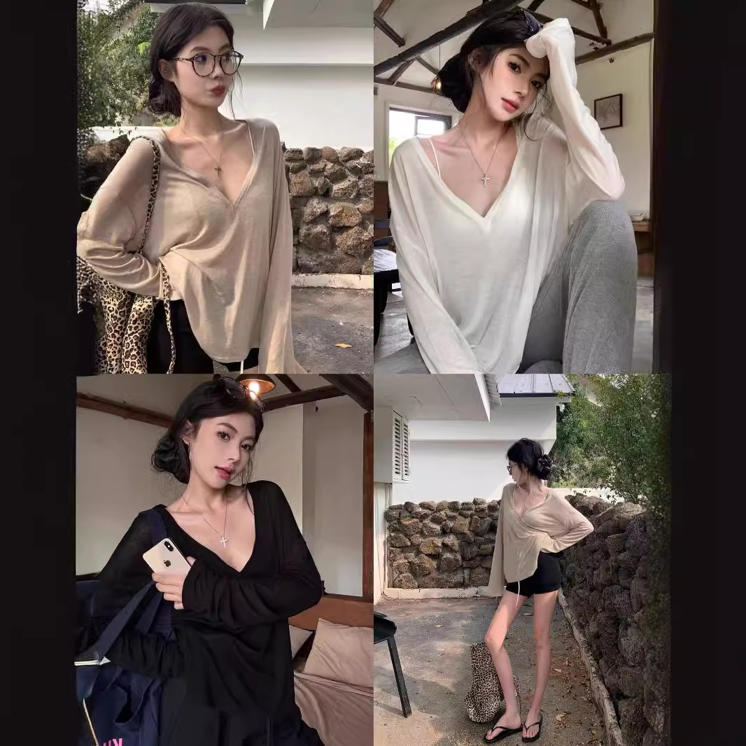 White Thin Slightly See-Through V-Neck Long-Sleeved T-Shirt Women's Summer Loose Sun Protection Blouse Casual Lazy Style Blouse Top