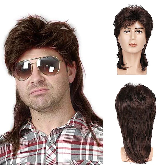 Cross-border European and American Wig Men's Mullet Wig Brown Curly Hair 80s Vintage Cosplay Halloween Wig Set