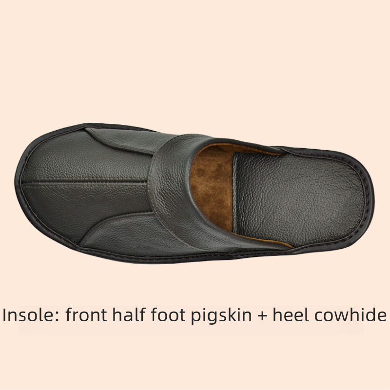 First-Layer Cowhide Toe-Toe Genuine Leather Slippers for Spring & Fall Seasons for Men and Women, the Elderly, Home Use, Indoor Non-Slip Beef Tendon