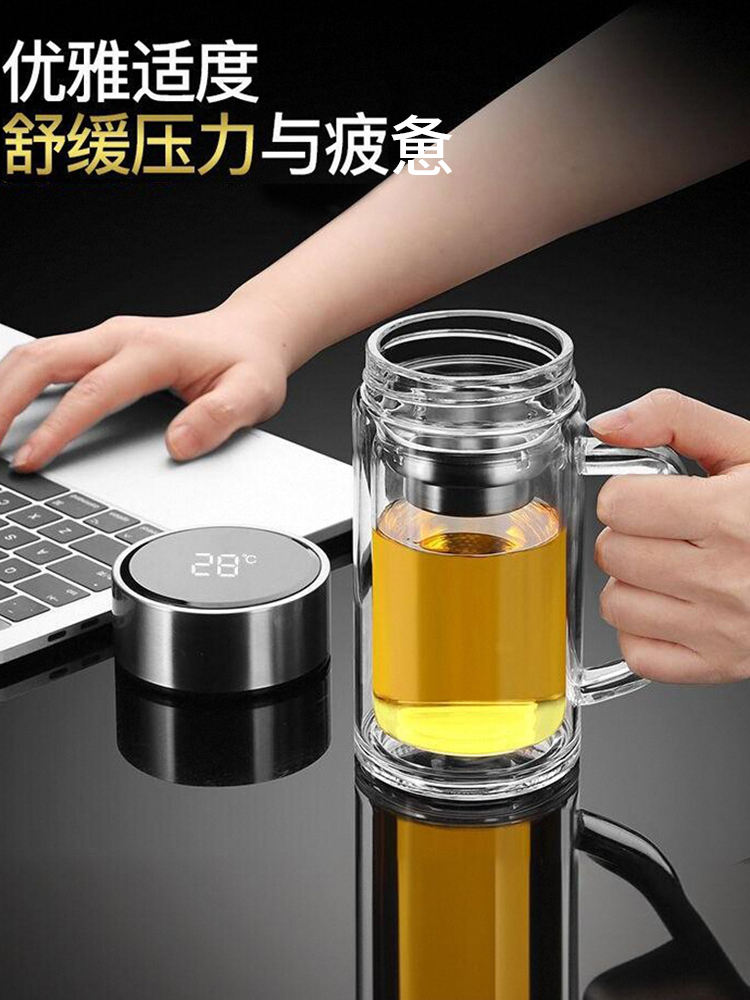 ✅ Intelligent Temperature-Displaying Double-Layer Glass Cup with Handle, Large-Capacity Tea Cup for Office and Home Use with Handle