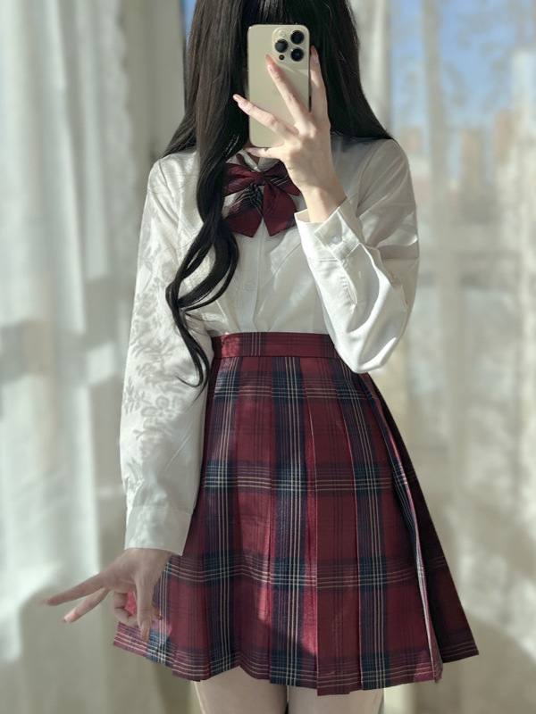 Sakurajima Yuki Jk Uniform Waist-Cinching V-Neck Shirt, Preppy Style Slim-Fit Shirt, Plaid Skirt Set, Japanese Fresh and Sweet Style