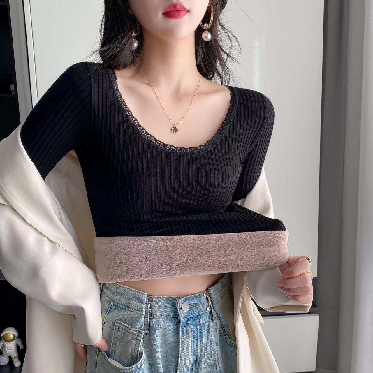 Теплый топ из овечьей шерсти для женщин на зиму, новый стиль, флисовая подкладка и утолщенный внутренний слой, осенняя одежда, эластичная облегающая футболка