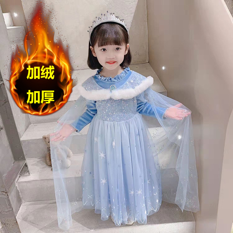 Платье для девочек с флисовой подкладкой, принцесса Эльза, длинные рукава, юбка из сетки, осень и зима