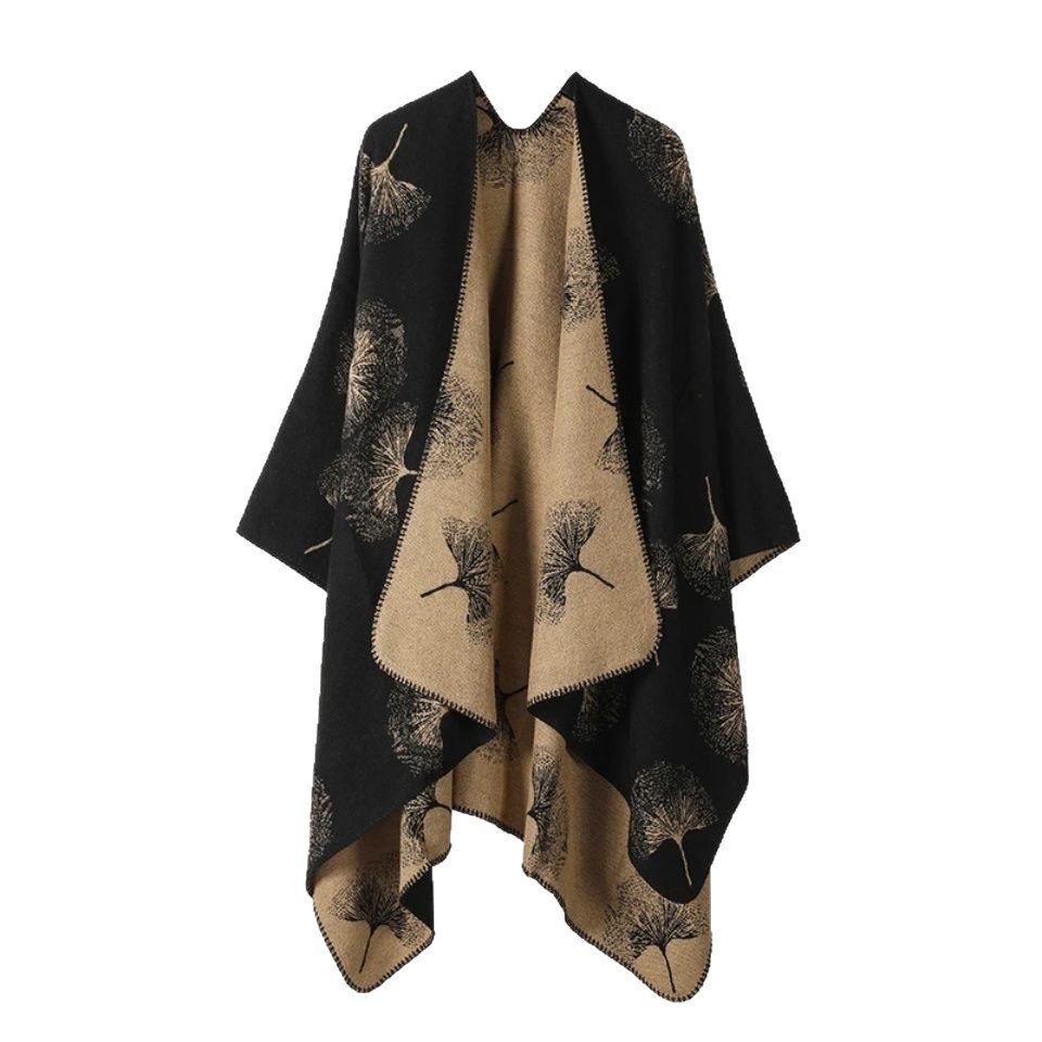 Apricot Leaf Travel Shawl for Women, High-End Cape, Artistic Slit Oil Painting Cape, Double-Sided Shawl for Warmth