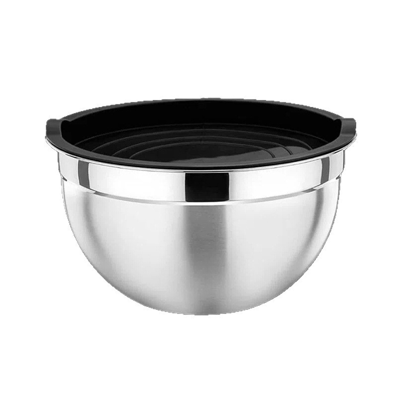 Cross-Border Thickened Stainless Steel Salad Bowl with Black Silicone Non-Slip Bottom and Lid, Egg Beating Bowl Set, Baking Mixing Bowl, Thickened
