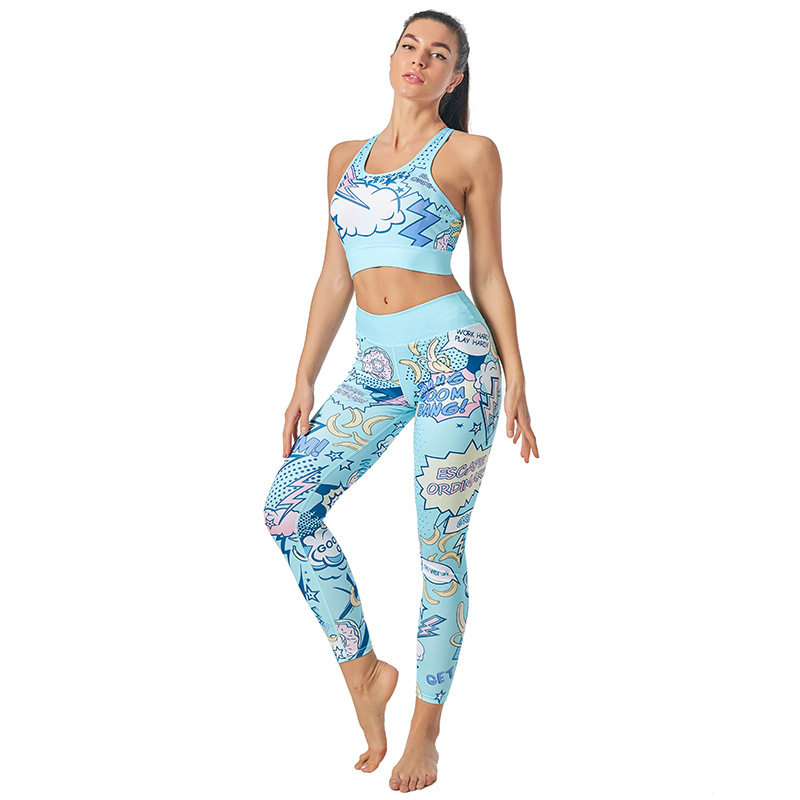 Hot Selling Cartoon Pattern Yoga Pants Letter Suit European and American New Sports Fitness Clothing Printed Yoga Clothing Suit